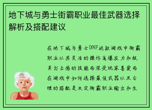 地下城与勇士街霸职业最佳武器选择解析及搭配建议